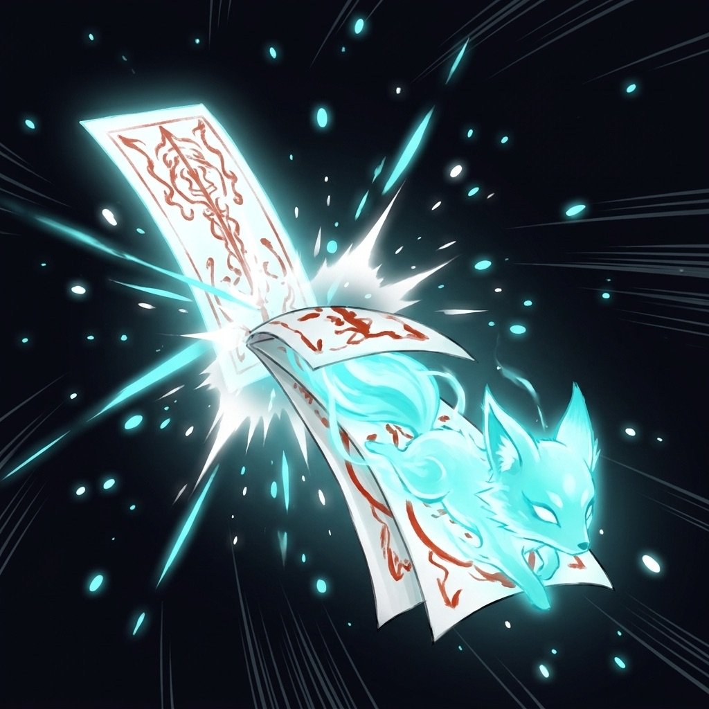 An ofuda unfolding into a fox spirit